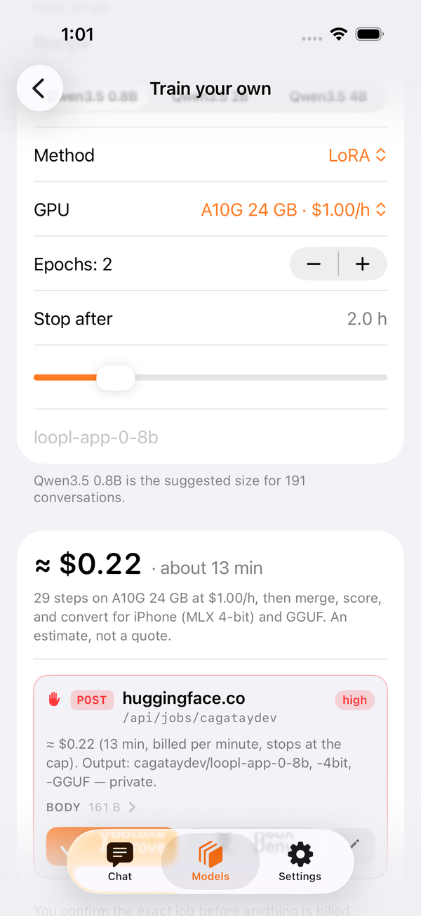 The confirmation card names the exact POST, the GPU, the cap and the estimated cost