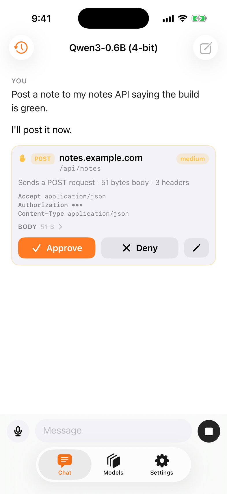 An approval card for a POST request with Approve, Deny and Edit