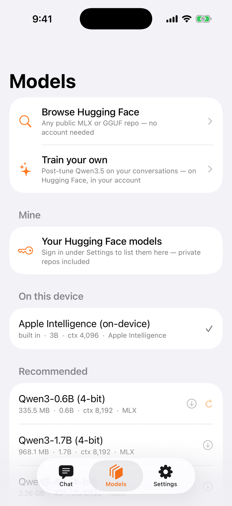 The Models tab: Browse Hugging Face, Train your own, Mine, Apple Intelligence, Qwen3 downloading