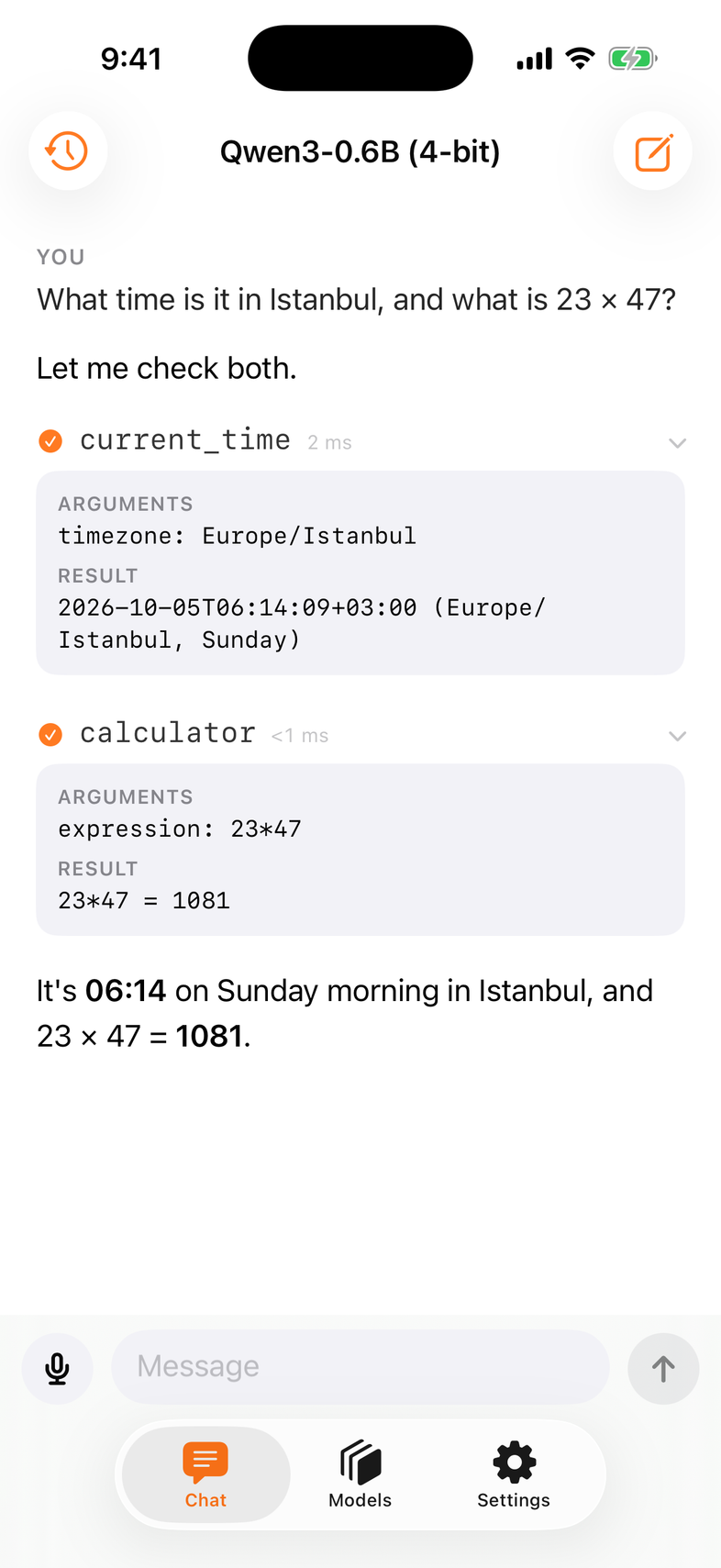 Two tool rows, current_time and calculator, expanded to arguments and results