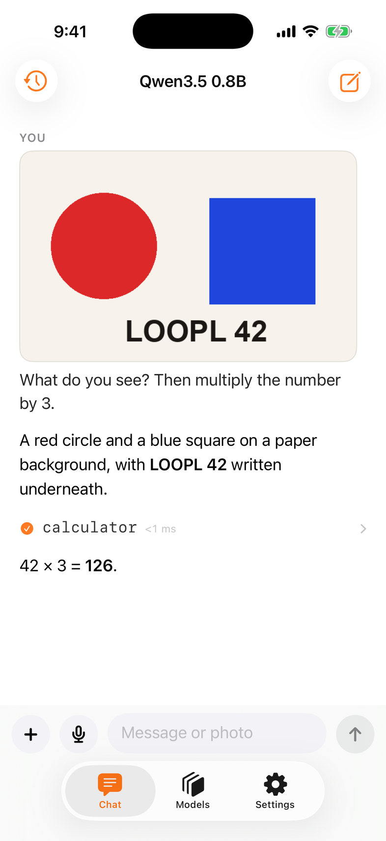 A photo of shapes described by a vision model, then a calculator call